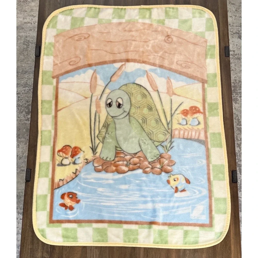 Vtg Nova Tex Baby Blanket Turtle Fish Mushrooms Rare HTF Plush Soft Crib‎